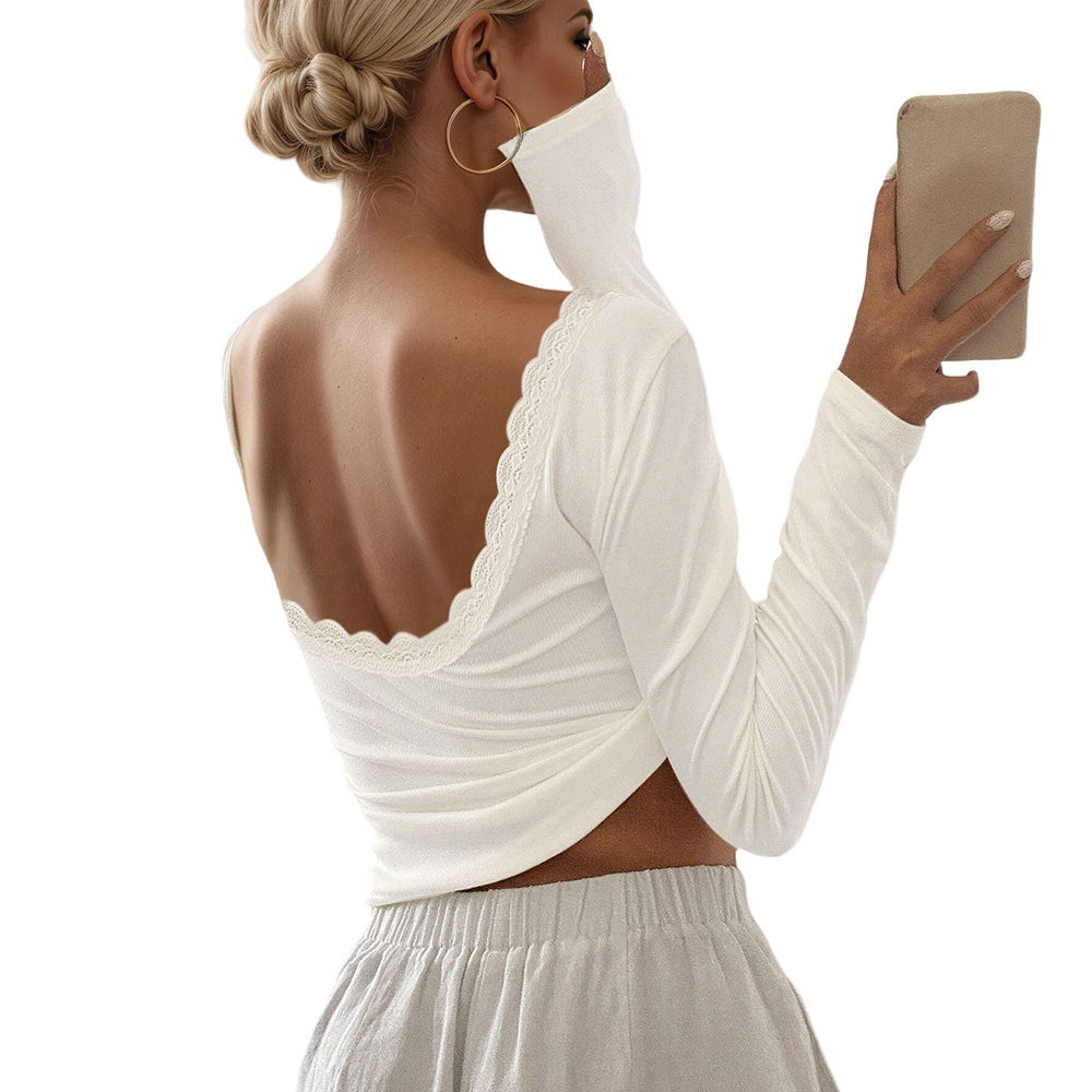 Damen Langarmshirt mit tiefem Rücken-Ausschnitt und eleganter Spitzenverzierung Drune