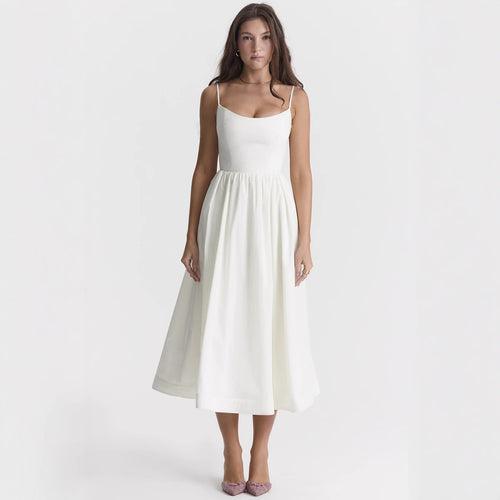 Damen elegantes Midikleid mit Spaghetti-Trägern und fließendem Rock Drune
