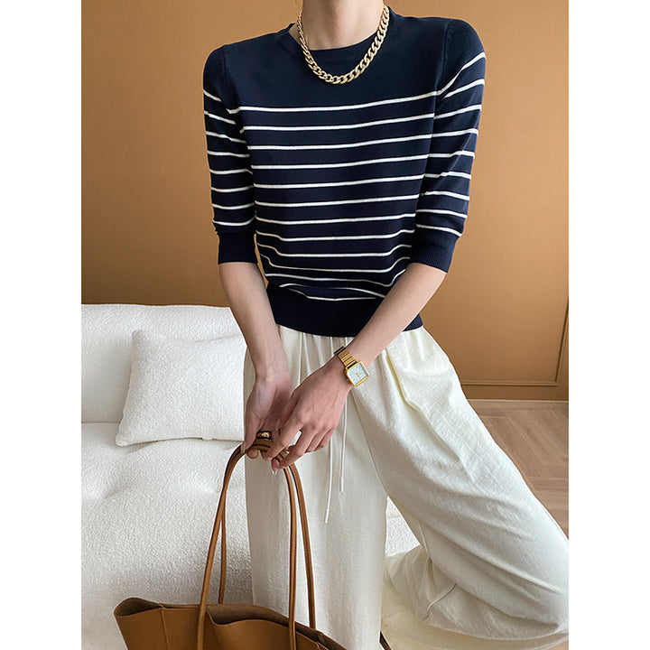 Damen gestreifter Pullover mit rundem Halsausschnitt und engem Schnitt Drune