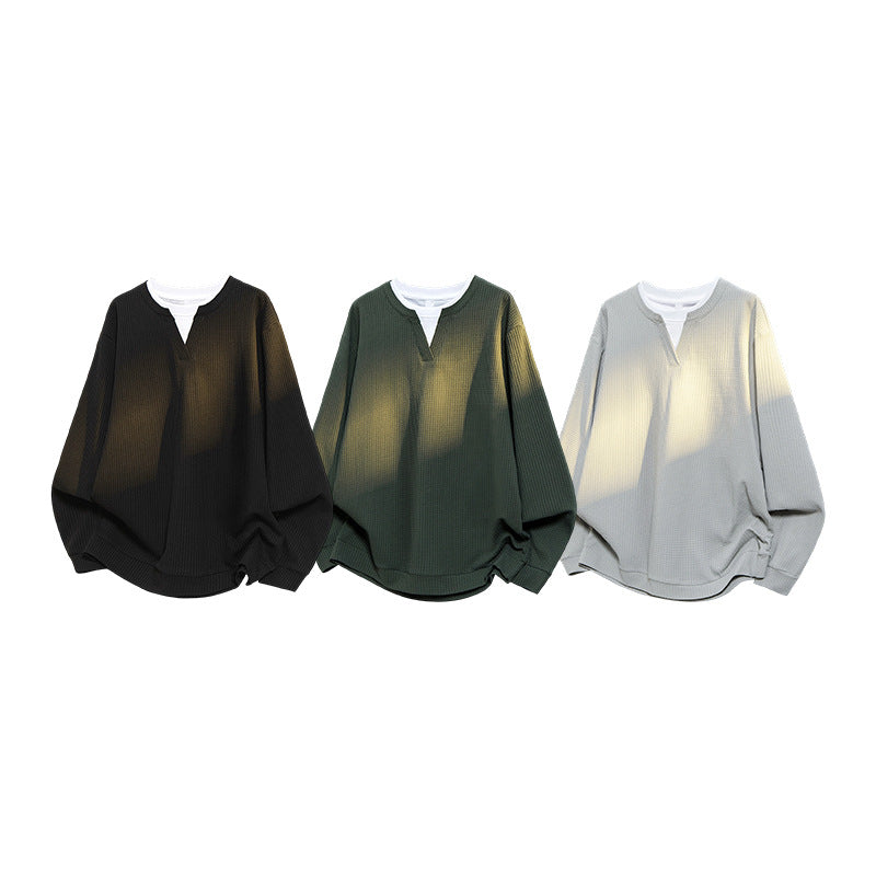 Herren Oversize Waffelstruktur-Langarmshirt mit V‑Einsatz und Layering-Optik Drune