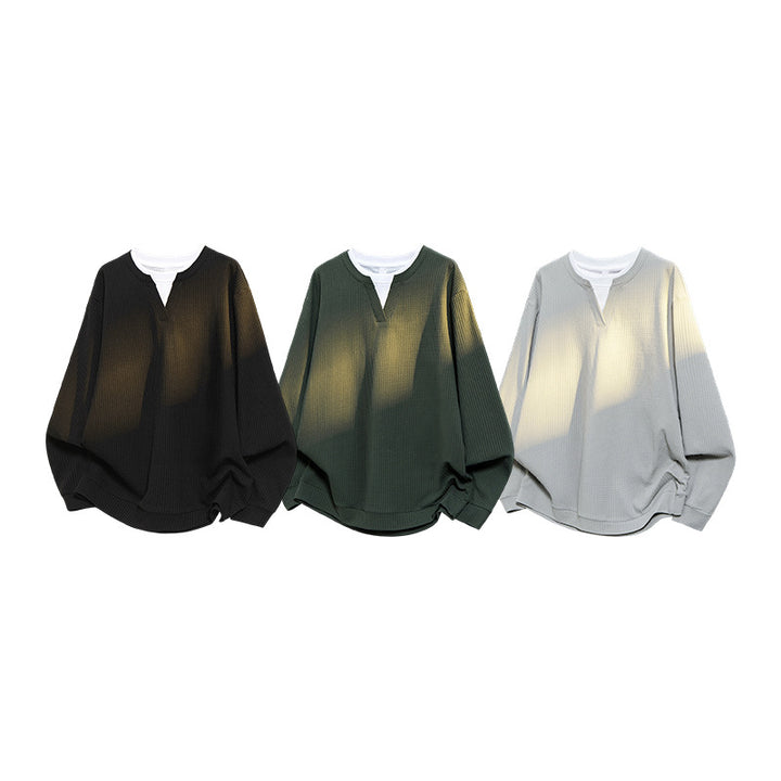 Herren Oversize Waffelstruktur-Langarmshirt mit V‑Einsatz und Layering-Optik Drune