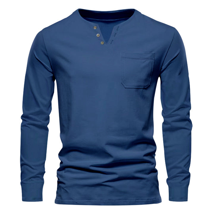 Herren nan modernes Henley-Langarmshirt mit asymmetrischer Knopfleiste und Brusttasche Drune