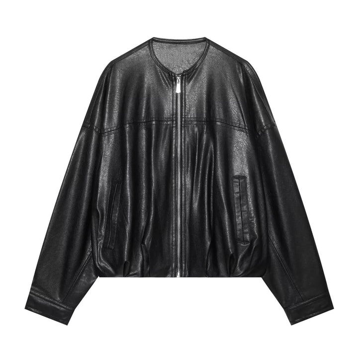 Damen Oversize-Kunstlederjacke im Bomberstil mit Rundhals, überschnittener Schulter und elastischem Saum Drune