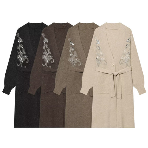 Damen langer Strickcardigan mit Taillengürtel und Paillettenstickerei Drune