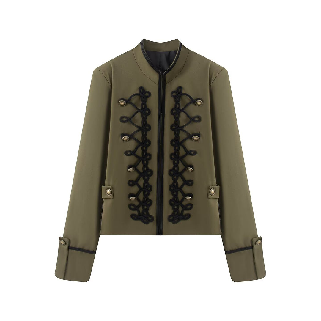 Damen Kurzjacke im Militärestil mit Stehkragen Kordverzierung und Zierknöpfen Drune