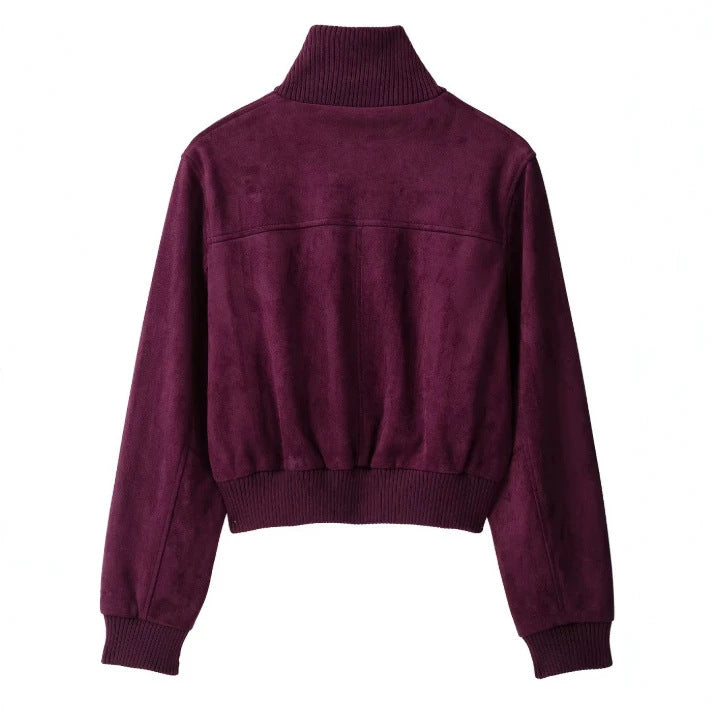 Damen Cropped Velours‑Bomberjacke mit hohem Rippenkragen und verdeckter Verschlussleiste Drune