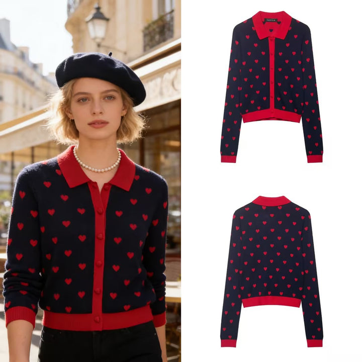 Damen Kurzgeschnittene Strickjacke mit Hemdkragen, Herzjacquard und Knopfleiste Drune