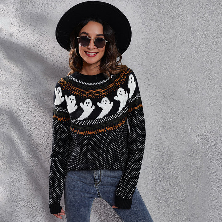 Damen Strickpullover mit gruseligem Geister-Motiv Drune