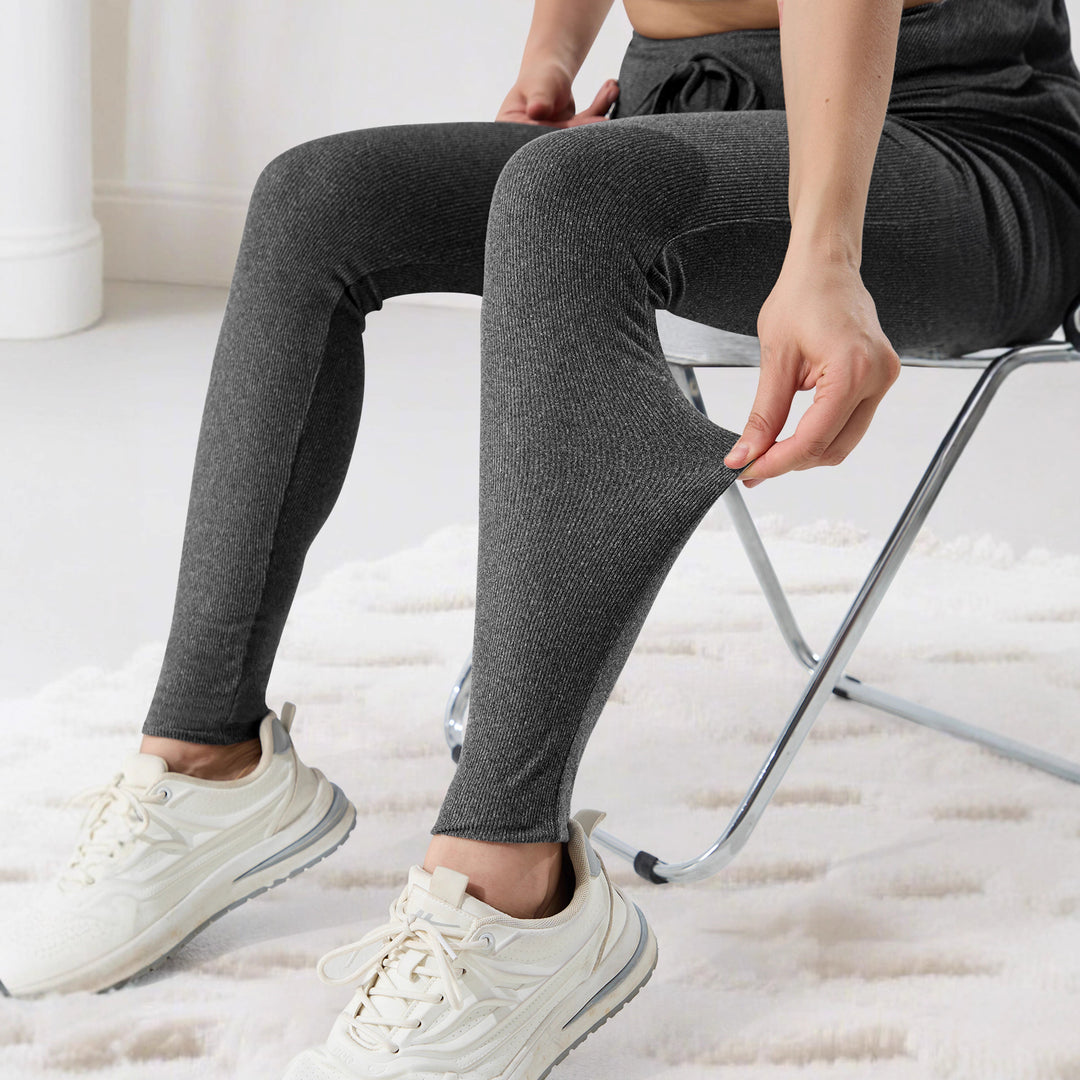 Damen Gerippte High-Waist Lounge-Leggings mit Kordelzug und figurformendem Bund Drune