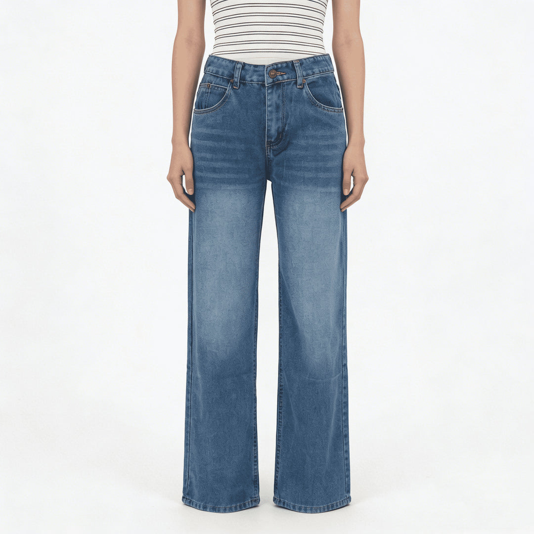 Damen nan hochgeschnittene Weitbein-Jeans mit tonaler Seitennaht und verwaschenem Verlauf Drune