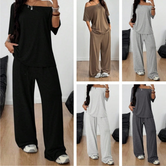 Damen Lässiges Lounge-Set aus weichem Jersey mit weiter Palazzohose und schulterfreiem Oversize-Top Drune