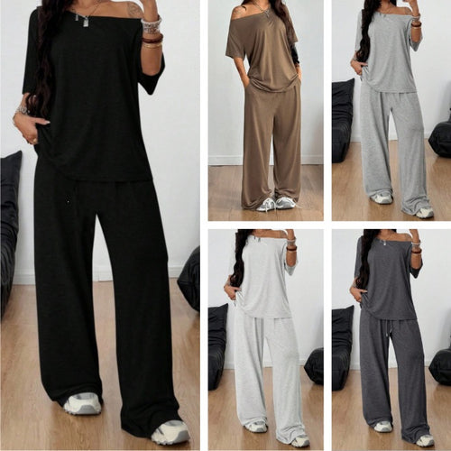 Damen Lässiges Lounge-Set aus weichem Jersey mit weiter Palazzohose und schulterfreiem Oversize-Top Drune