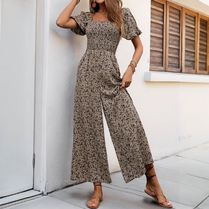 Damen Floraler Smocked-Jumpsuit mit Karree-Ausschnitt, Puffärmeln und weitem Beinschnitt Drune