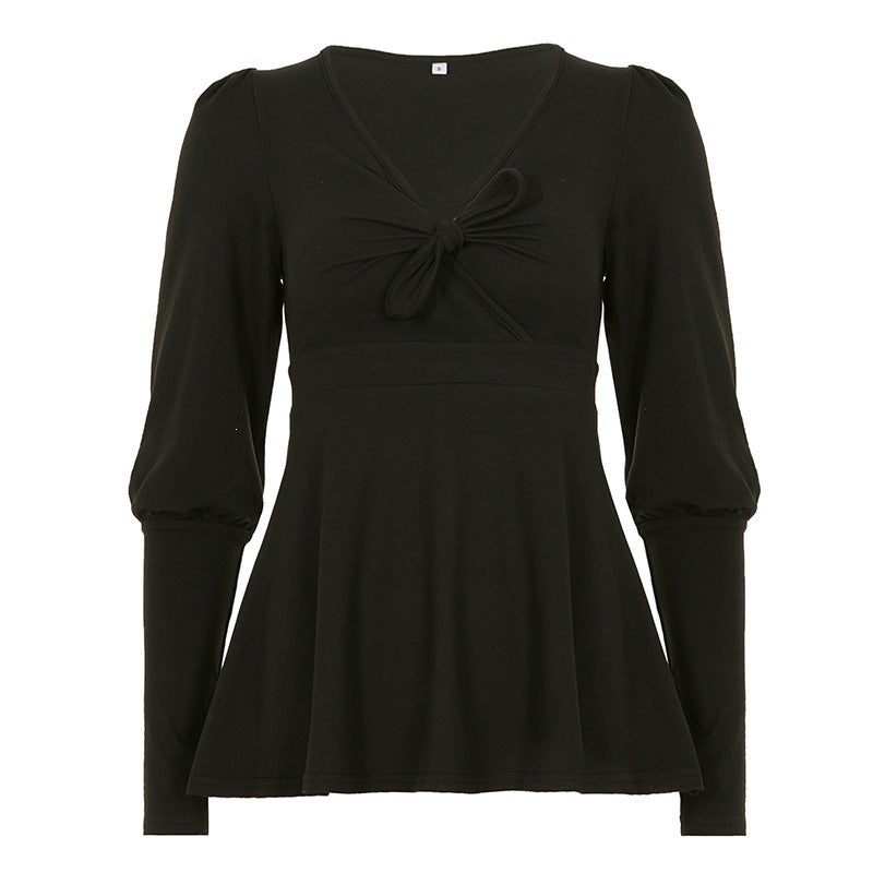 Damen Tailliertes Peplum-Top mit V-Ausschnitt, Knotendetail und Puffärmeln Drune
