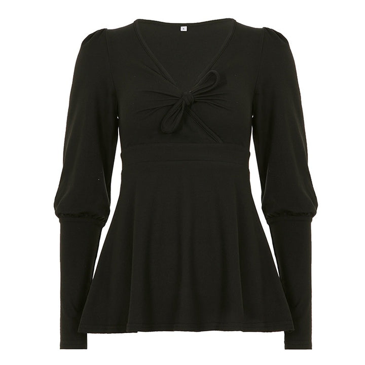 Damen Tailliertes Peplum-Top mit V-Ausschnitt, Knotendetail und Puffärmeln Drune