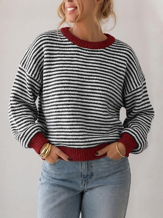 Damen Gestreifter Rippstrick-Pullover mit Kontrast-Bündchen Drune