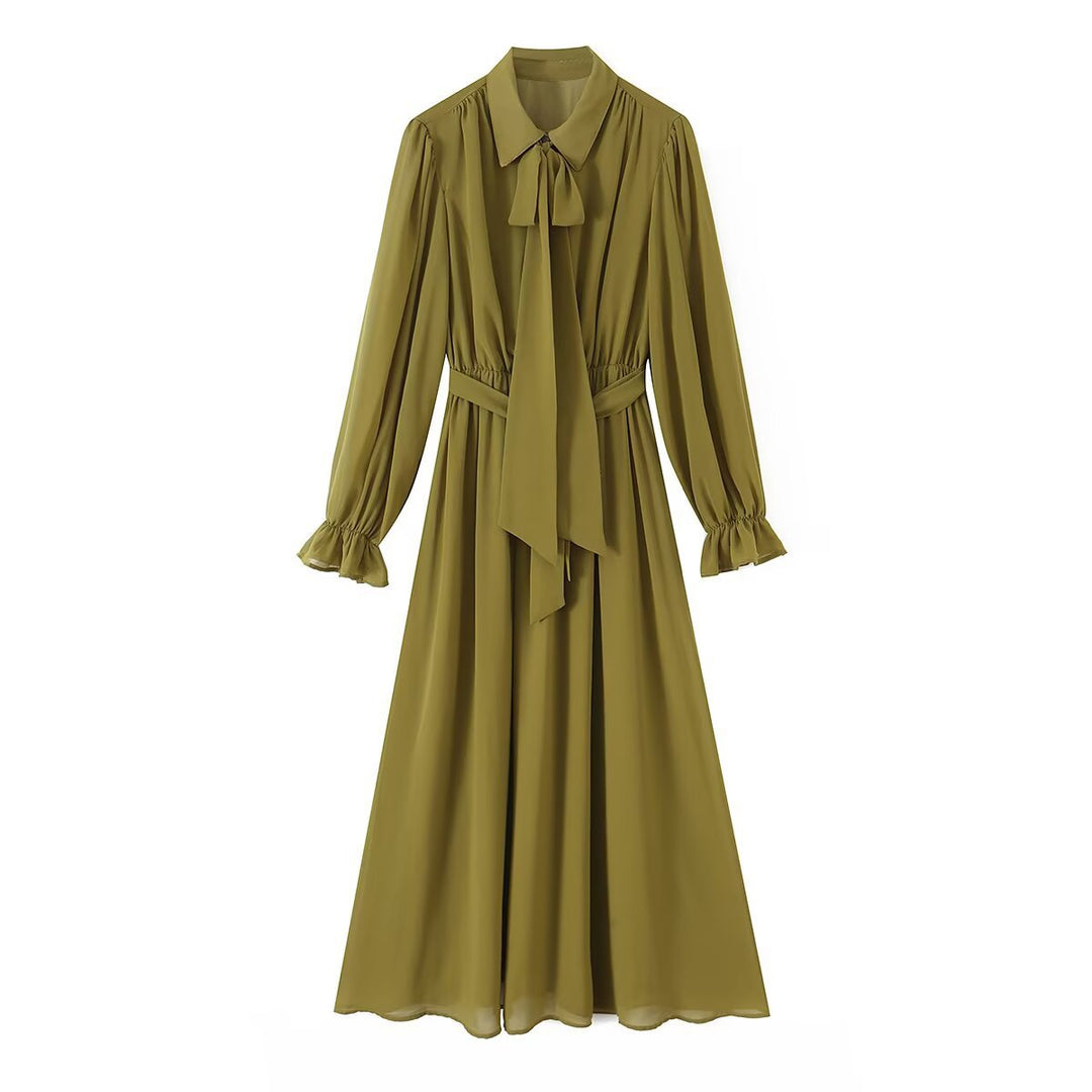 Damen Chiffon‑Maxikleid mit Bindeschleife, tailliertem Knotenband und Rüschenärmeln Drune