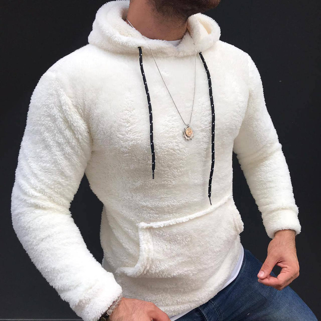 Herren nan Teddy-Plüsch Kapuzenpullover mit schmaler Passform und Kängurutasche Drune