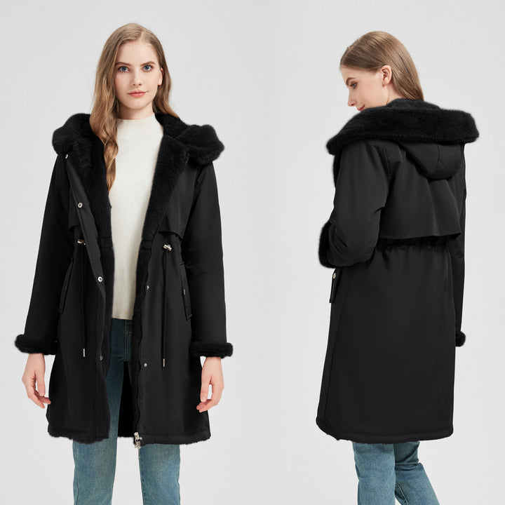 Damen nan langer Parka mit abnehmbarer Kunstfellkapuze und taillenverstellendem Kordelzug Drune