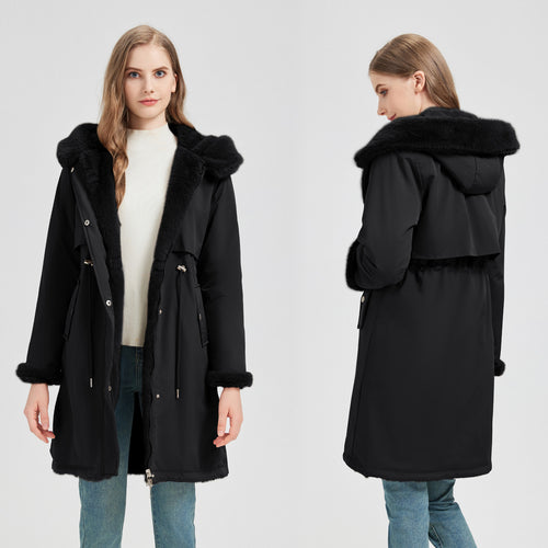 Damen nan langer Parka mit abnehmbarer Kunstfellkapuze und taillenverstellendem Kordelzug Drune