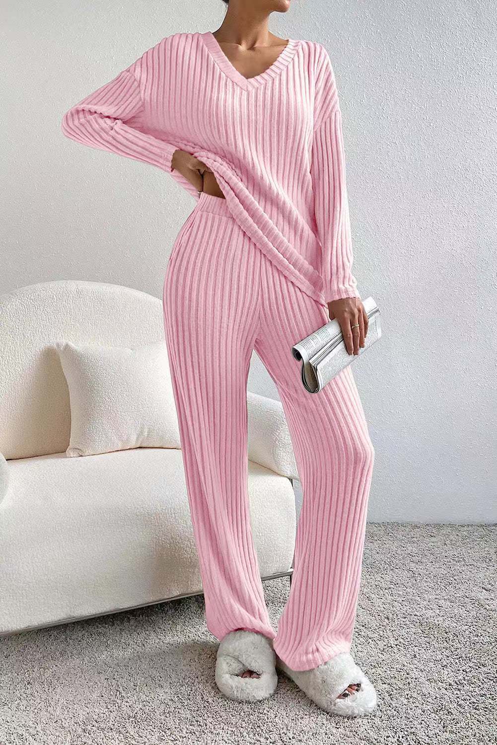 Damen lässiges Strick-Lounge-Set mit V-Ausschnitt Drune