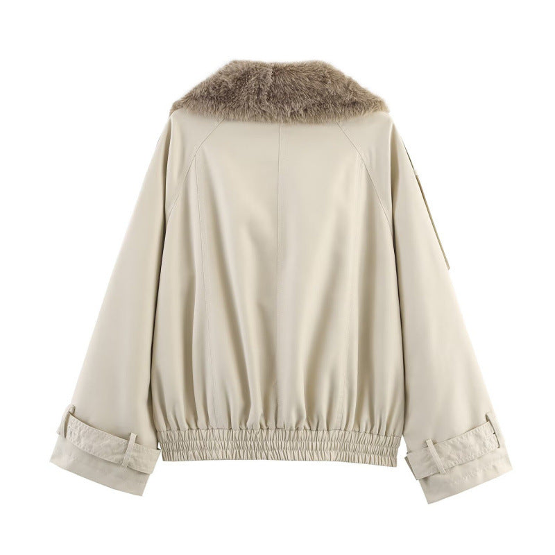 Damen modische Jacke mit kunstvollem Fellkragen und doppelter Knopfblende Drune