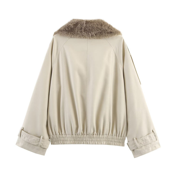 Damen modische Jacke mit kunstvollem Fellkragen und doppelter Knopfblende Drune