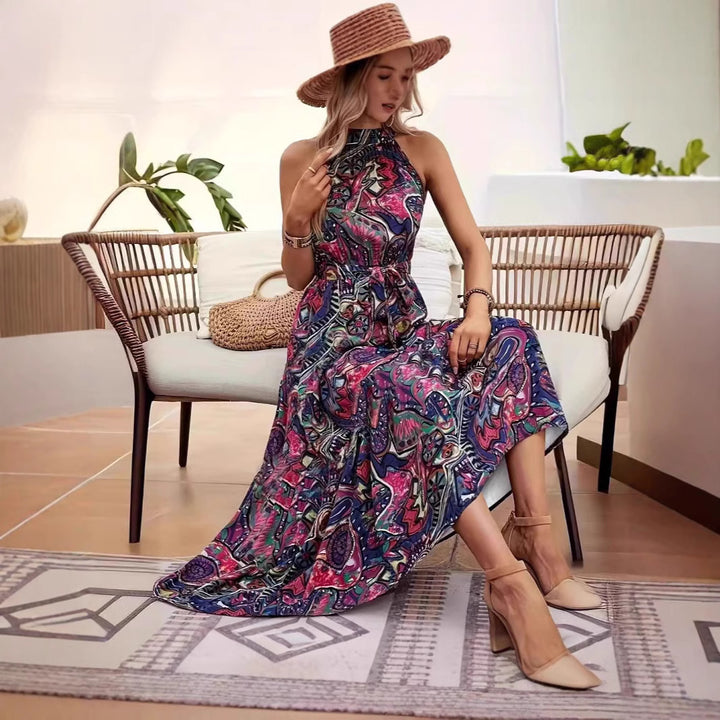 Damen Maxikleid im Boho-Stil mit elegantem Halterneck und seitlichem Bindegürtel Drune