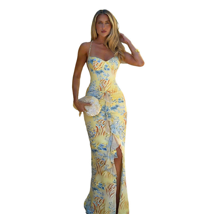 Damen figurbetontes Maxikleid mit floralem Muster und sexy Schlitz Drune