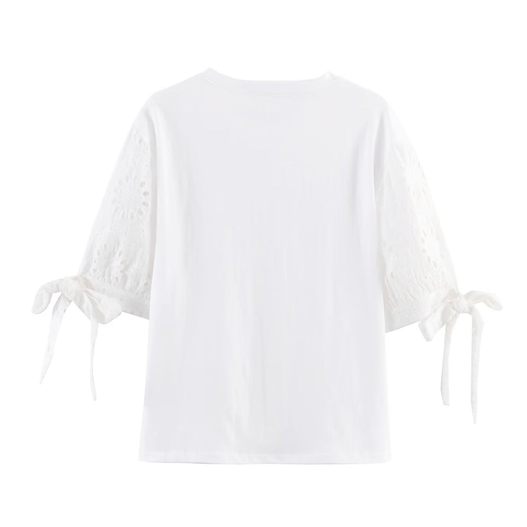 Damen T-Shirt mit elegantem Spitzenschnitt und zeitloser Schleifen-Applikation Drune