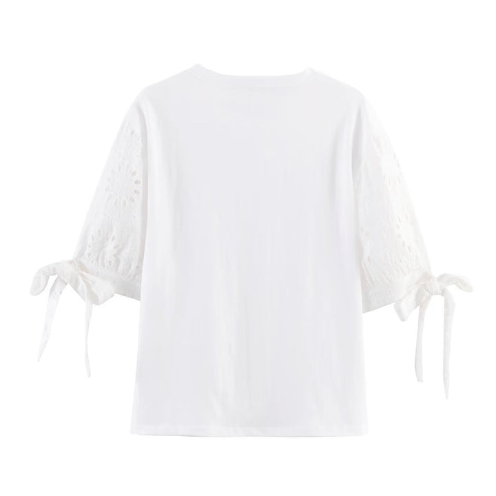 Damen T-Shirt mit elegantem Spitzenschnitt und zeitloser Schleifen-Applikation Drune