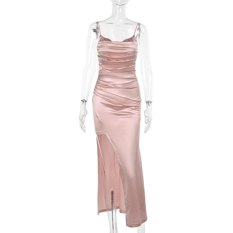 Damen Elegantes Satin Abendkleid mit raffinierter Drapierung und hohem Schlitz Drune