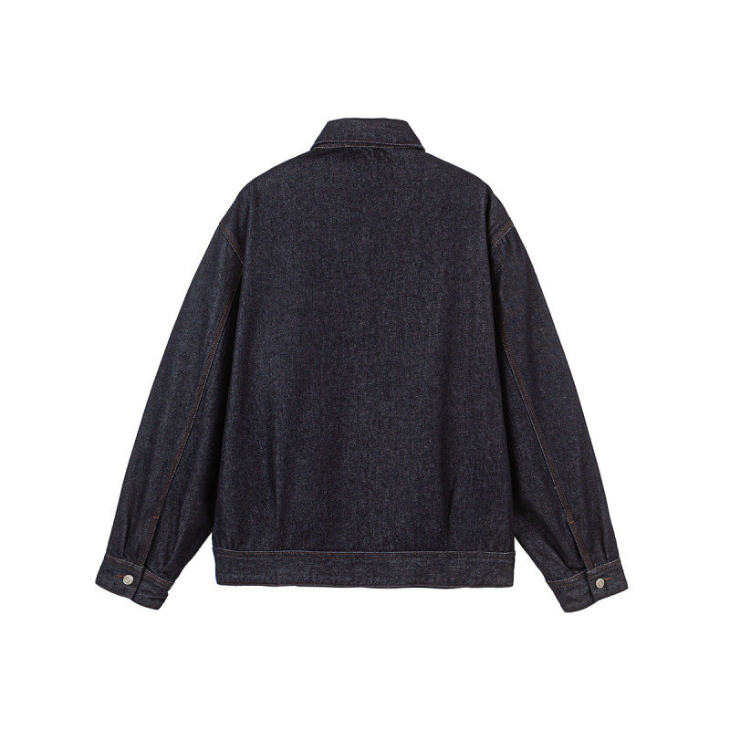 Herren Boxy-Denimjacke mit durchgehendem Reißverschluss, Brust-Reißverschlusstasche und Hemdkragen Drune