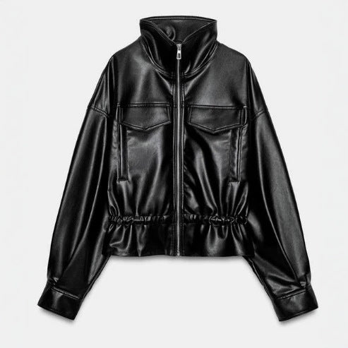 Damen Glänzende Cropped‑Kunstlederjacke im Blousonstil mit Stehkragen und Tunnelzugbund Drune