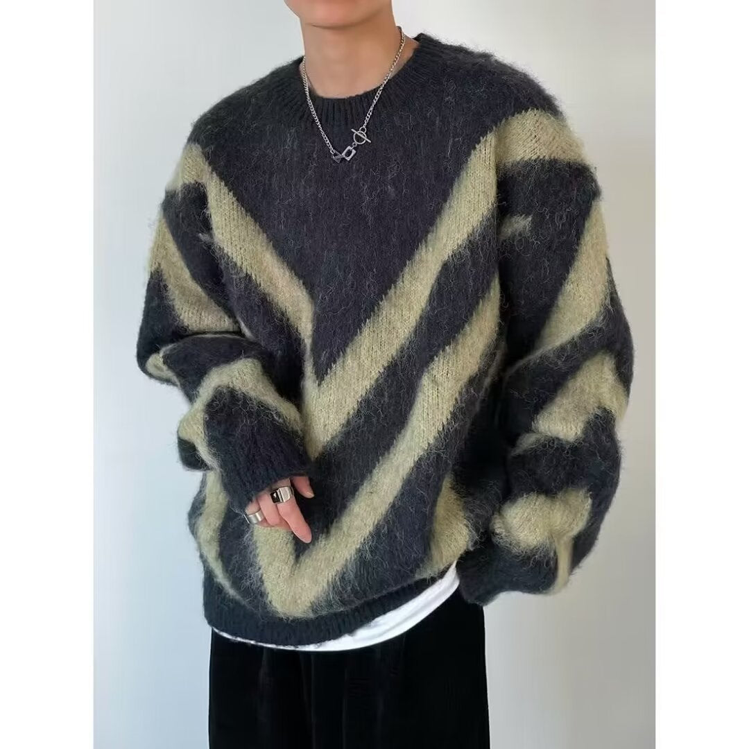 Herren Modischer Grobstrickpullover mit Chevron-Muster Drune