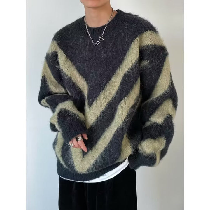 Herren Modischer Grobstrickpullover mit Chevron-Muster Drune