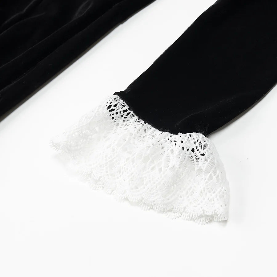 Damen nan viktorianisches Samt-Maxikleid mit Spitzenkragen, Puffärmeln und taillierter Empirenaht Drune