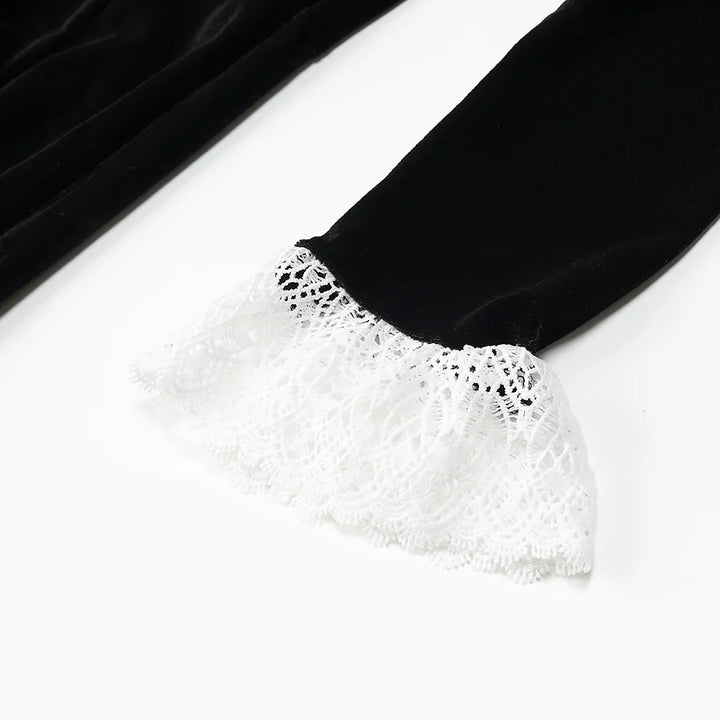 Damen nan viktorianisches Samt-Maxikleid mit Spitzenkragen, Puffärmeln und taillierter Empirenaht Drune