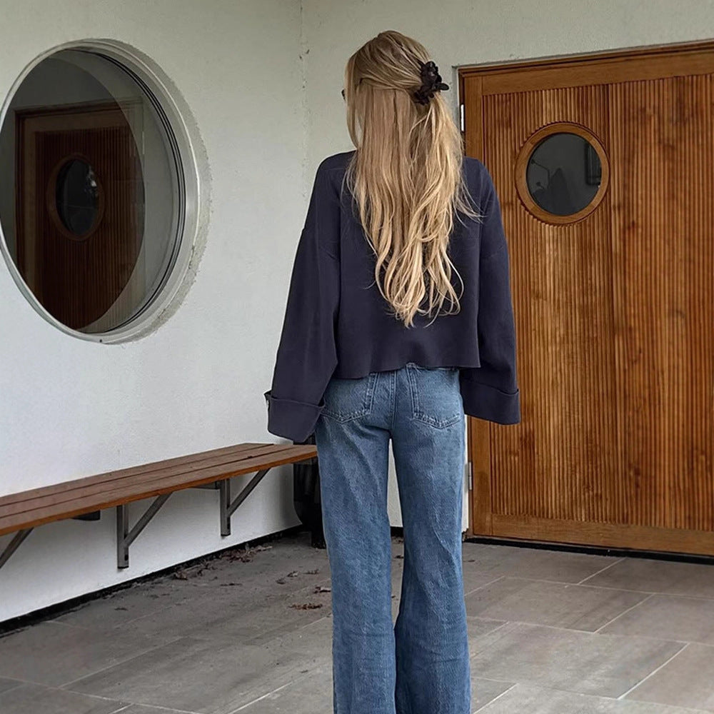 Damen Oversize Cropped-Jacke mit weiten Trompetenärmeln und Knopfmanschetten Drune