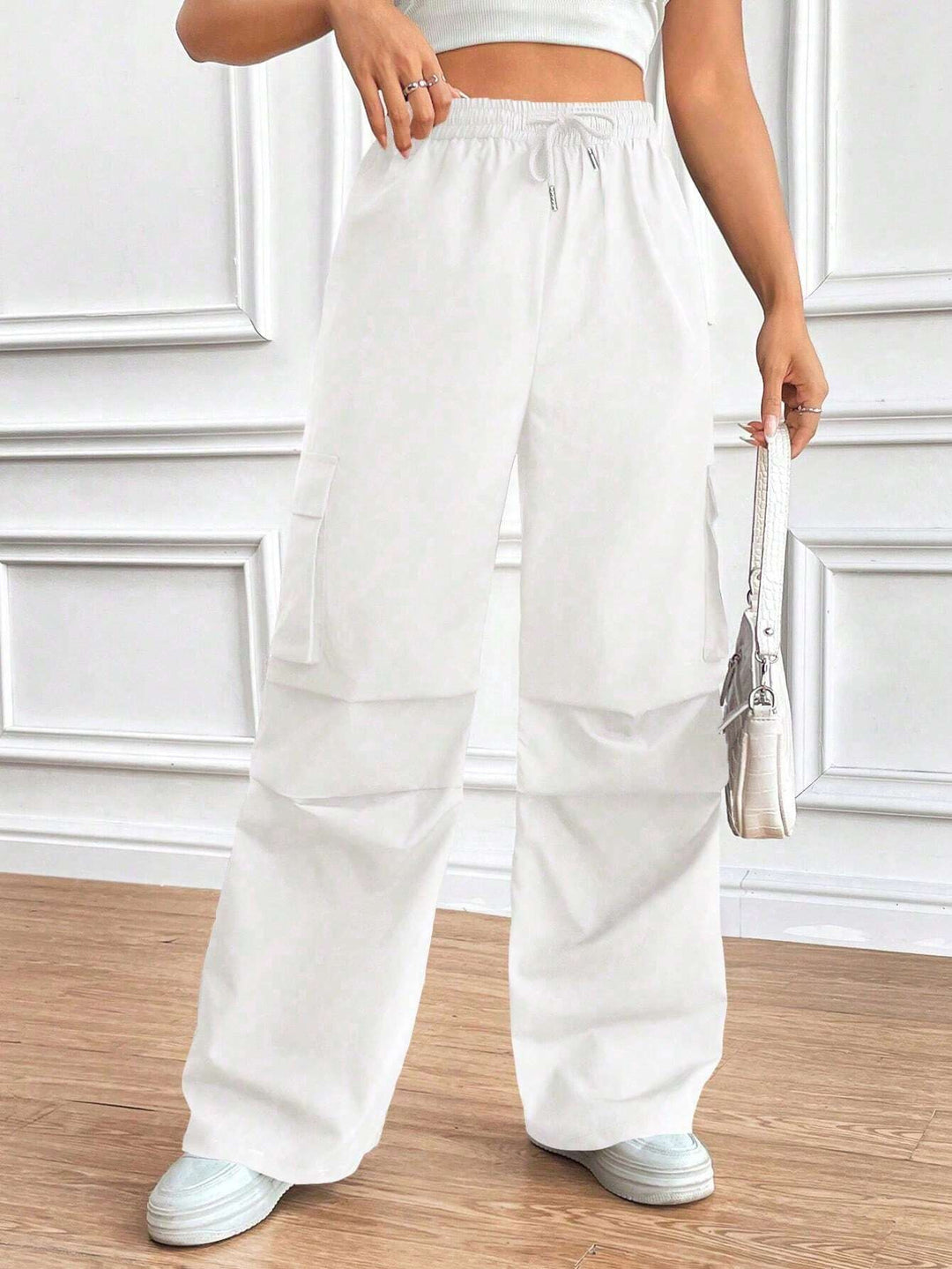 Damen Weite High‑Waist Cargo‑Hose mit Elastikbund und großen Klappentaschen Drune