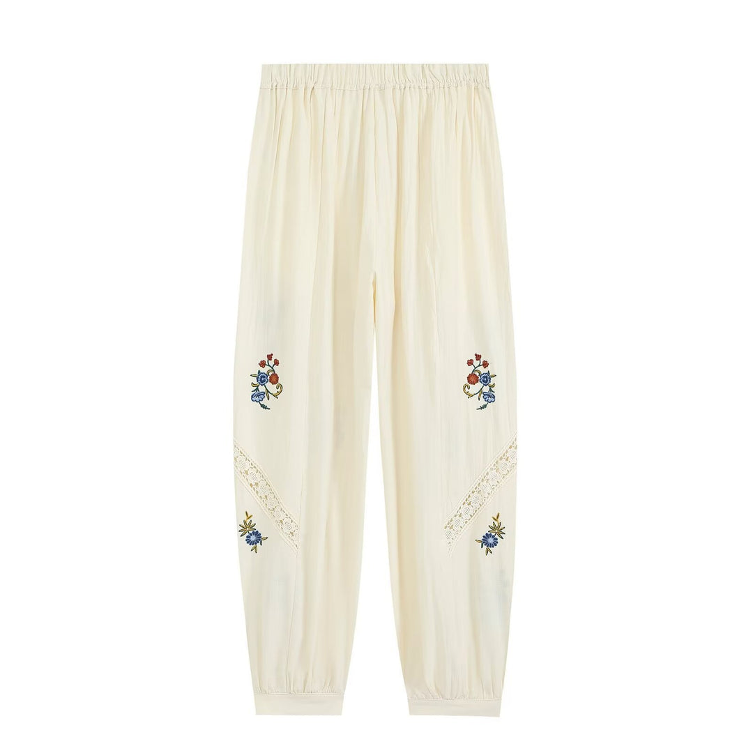 Damen Locker geschnittene Boho-Hose mit floraler Stickerei, Spitzeneinsätzen und elastischen Bündchen Drune