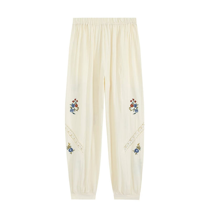 Damen Locker geschnittene Boho-Hose mit floraler Stickerei, Spitzeneinsätzen und elastischen Bündchen Drune