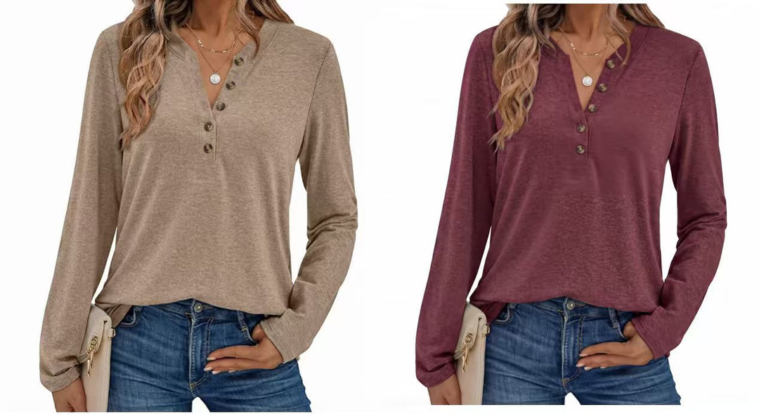 Damen Leichtes Henley-Longsleeve mit V‑Ausschnitt, Knopfleiste und legerer Passform Drune