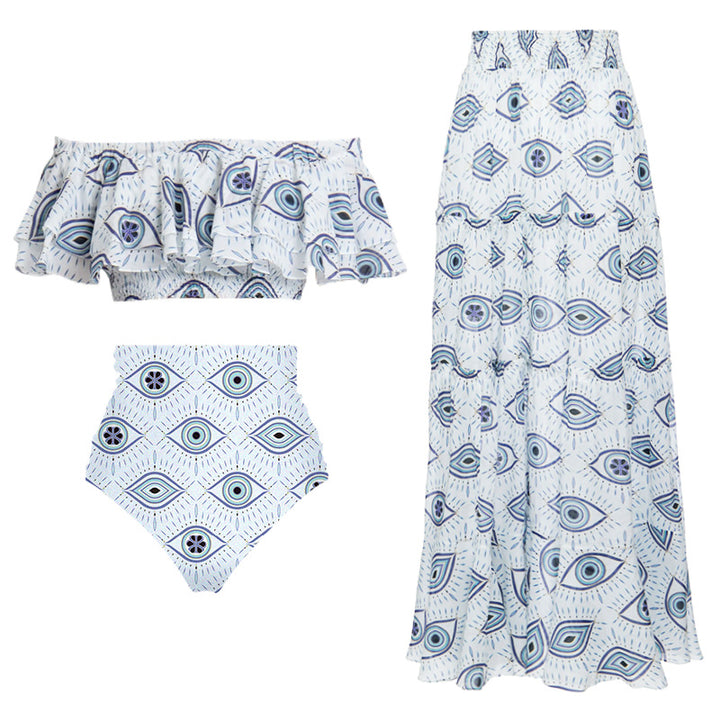 Damen Strandmode-Set mit verspieltem Rüschenshirt und hochtailliertem Höschen Drune