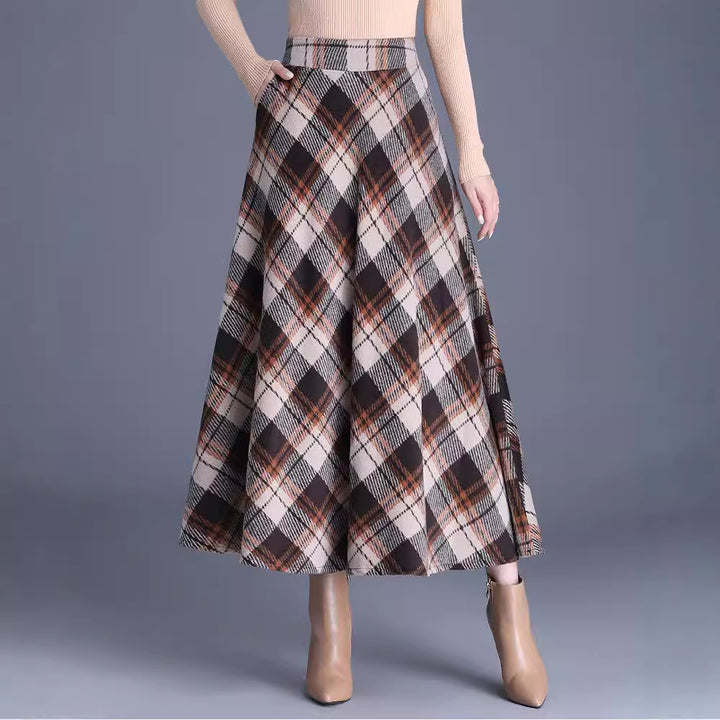 Damen nan weiter karierter Tellerrock aus Wollmix mit hoher Taille und Eingrifftaschen Drune