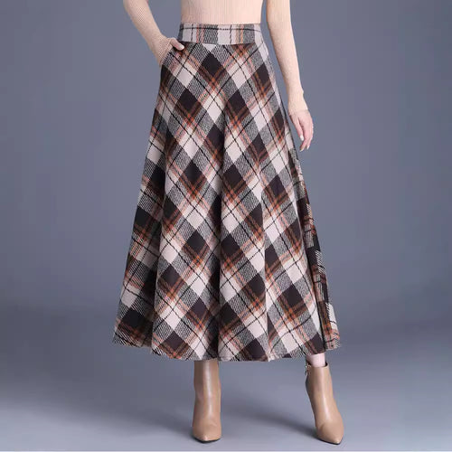 Damen nan weiter karierter Tellerrock aus Wollmix mit hoher Taille und Eingrifftaschen Drune