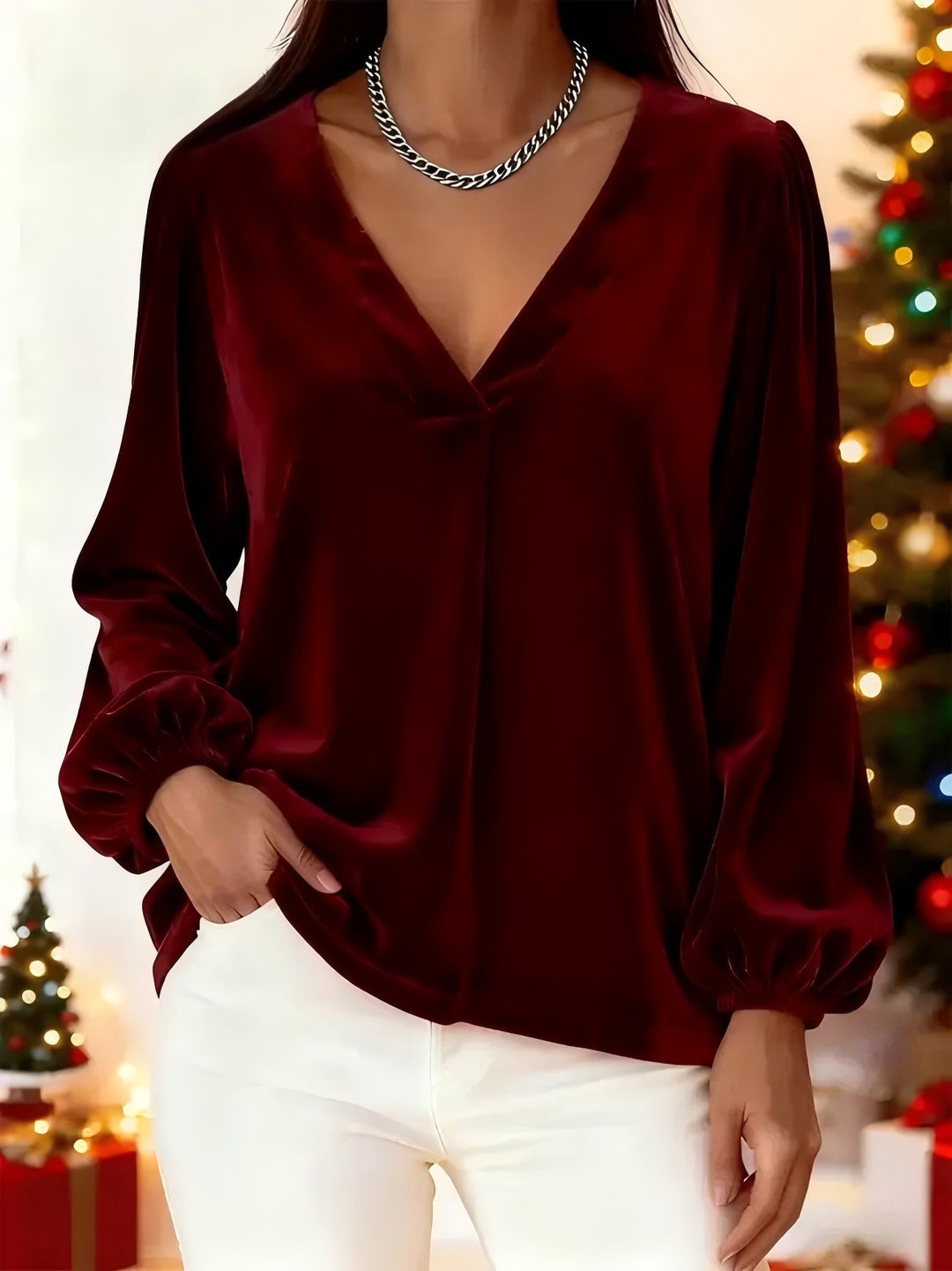 Damen Elegante Veloursbluse mit V-Ausschnitt Drune