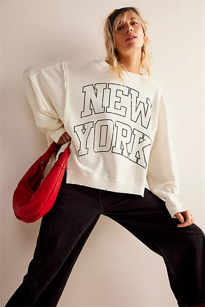 Damen oversized Sweatshirt mit Rüben-Print, ausgefransten Nahtakzenten und Daumenlochärmeln Drune