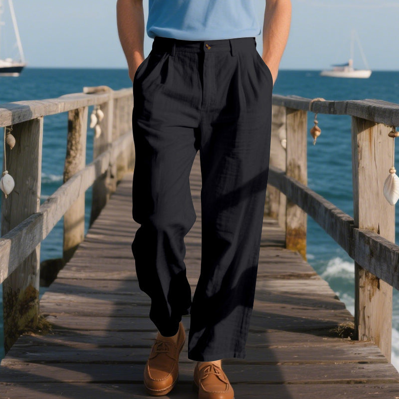 Herren nan weite Leinenhose mit Bundfalten, hohem Bund und Seitentaschen Drune
