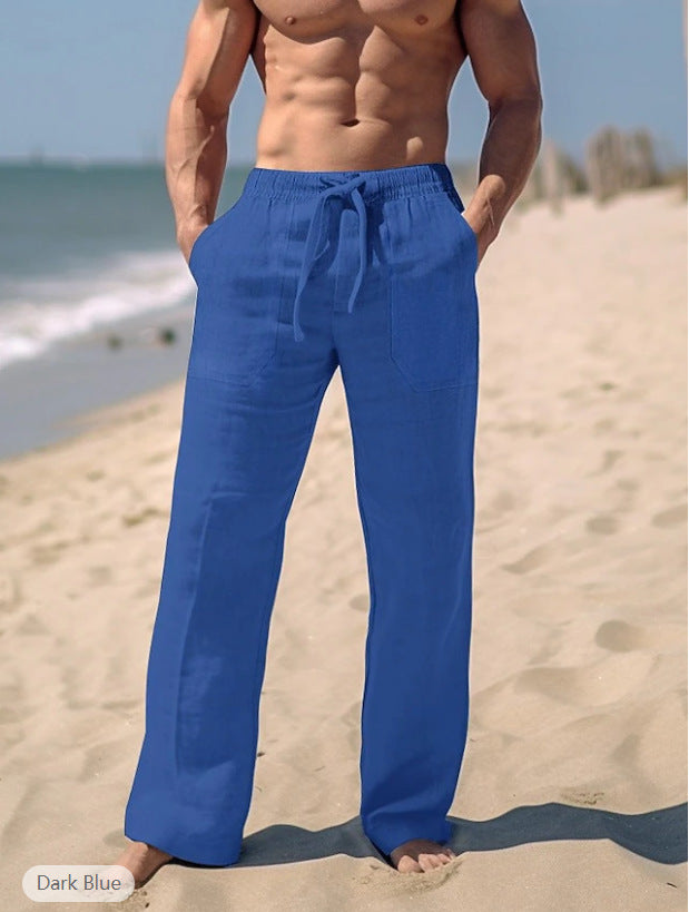 Herren gerade geschnittene Leinen-Loungehose mit Kordelzug, tiefen Eingrifftaschen und atmungsaktiver Struktur Drune